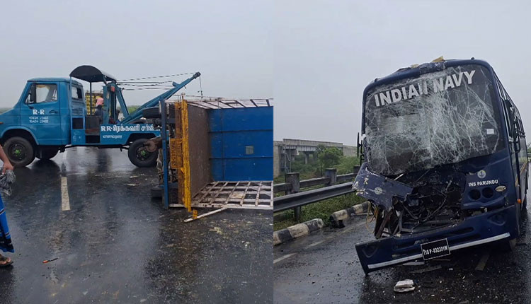 சிவகங்கையில் சரக்கு வாகனம் மீது அரசு, கடற்படை பேருந்து அடுத்தடுத்து மோதியதில் கடற்படை வீரர் உள்பட 9 பேர் காயம்